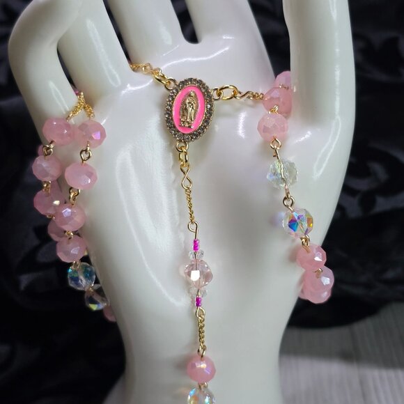 Handcrafted Pink and Gold Delicate and Elegant Aurora Rosary Christmas Gift - Picture 3 of 10
